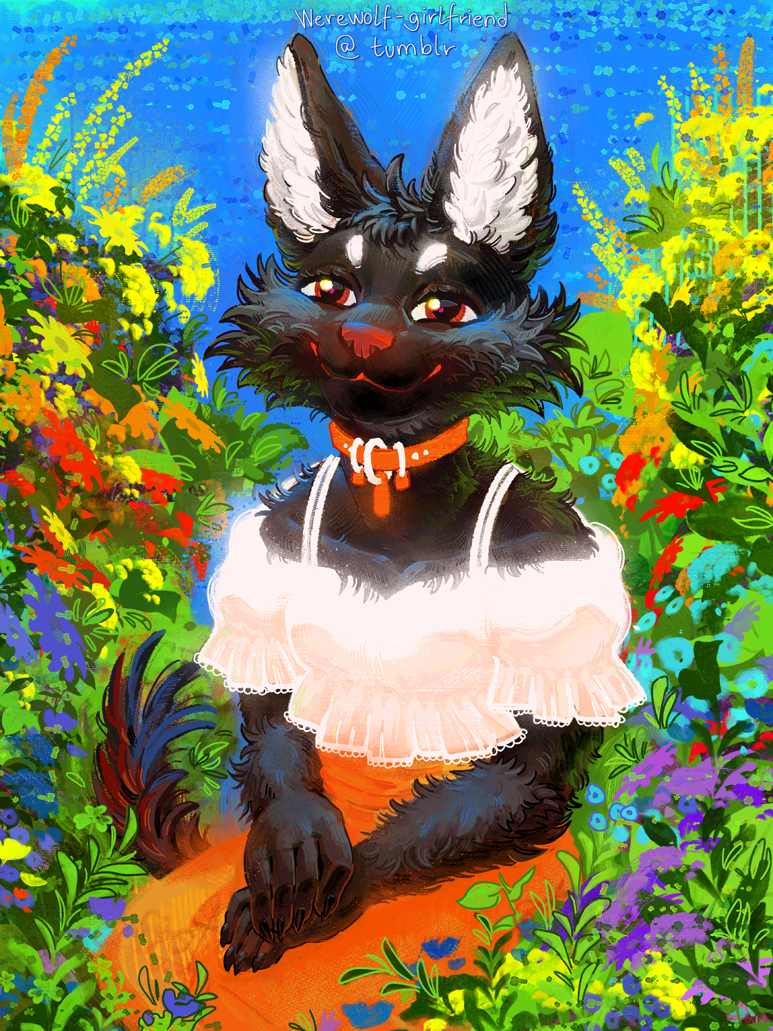 A digital painting of a black fox fursona, smiling warmly at the viewer, sitting amongst tall bushes of colorful flowers.